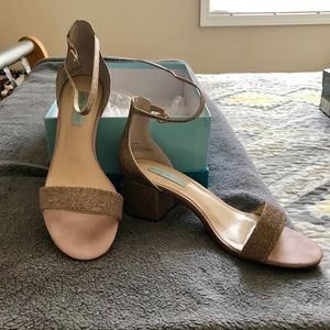 Rose gold glitter block heels.